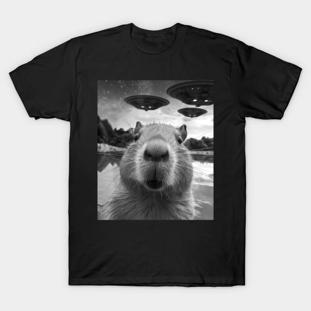 Funny Capybara Selfie with UFOs T-Shirt by unaffectedmoor